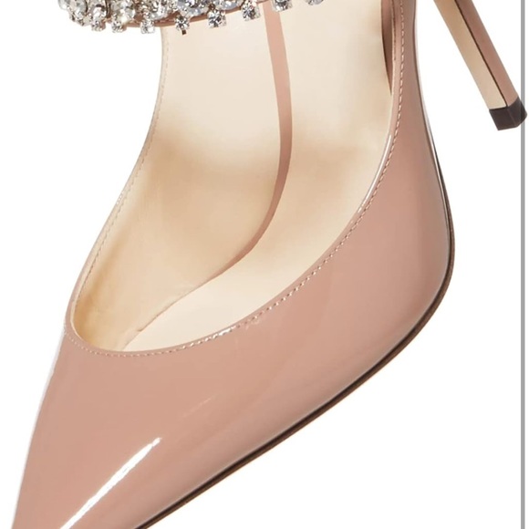 Elegant Nude Patent Leather Heeled Mules with Rhinestone Strap - Picture 5 of 5
